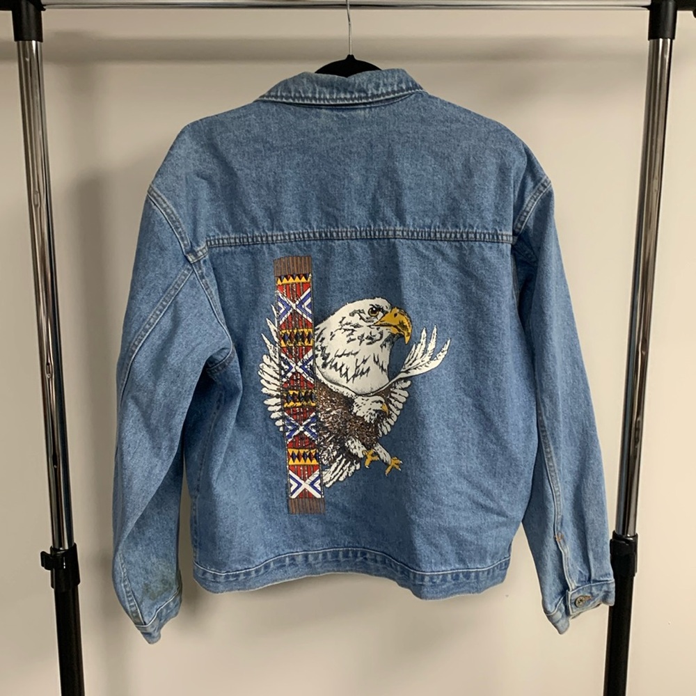 Vintage Diamond Dust Eagle Glitter Paint Jean Jacket Size XL